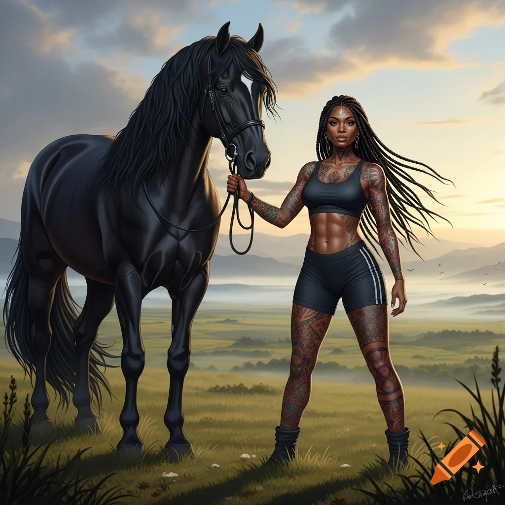 A fit, tattooed Black woman in athletic wear stands beside a black horse in a grassy, misty landscape at sunset, digital art.