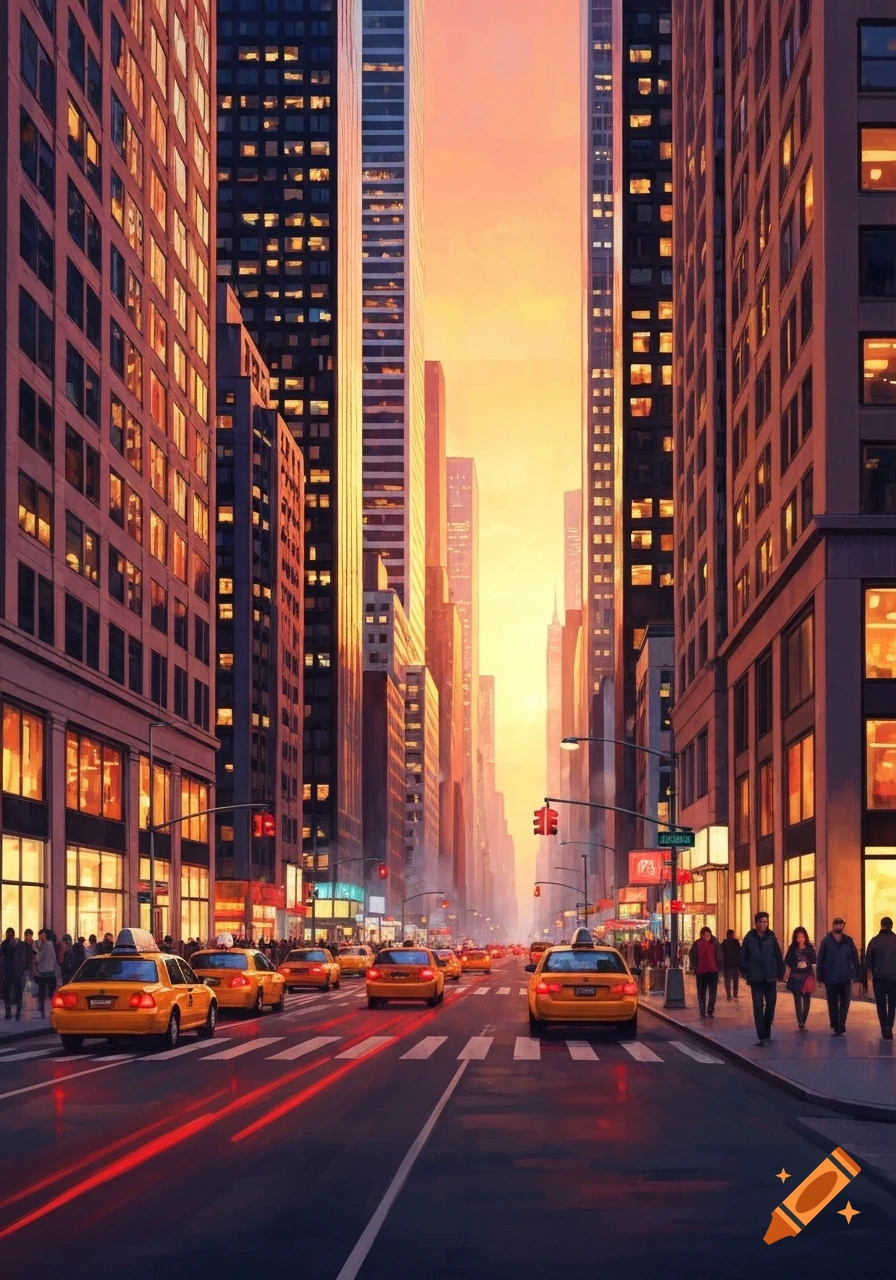 A stylized painting of a bustling New York City street at sunset, with yellow taxis, towering buildings, and pedestrians.