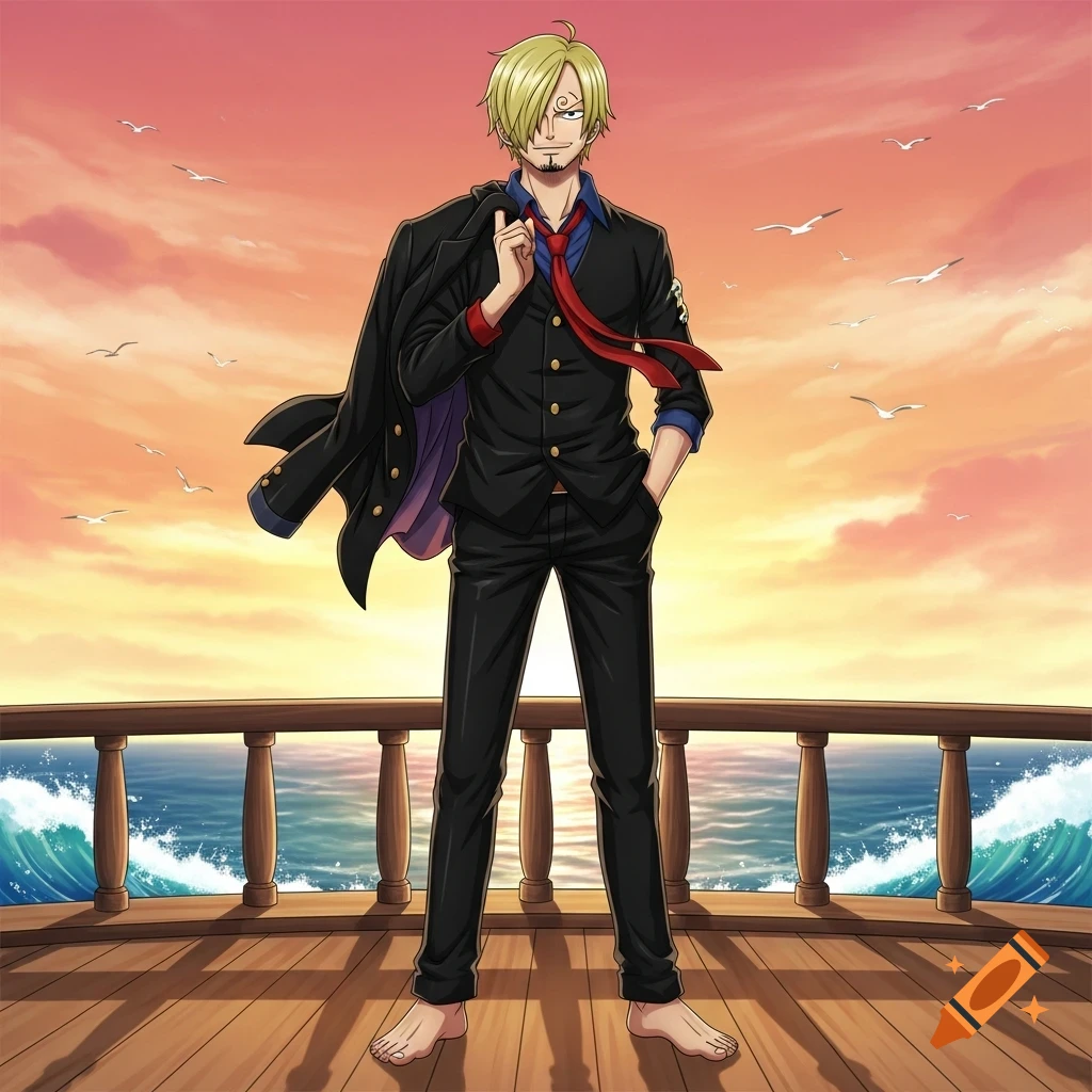 Sanji from One Piece stands barefoot on a wooden ship deck at sunset, holding his jacket over his shoulder.