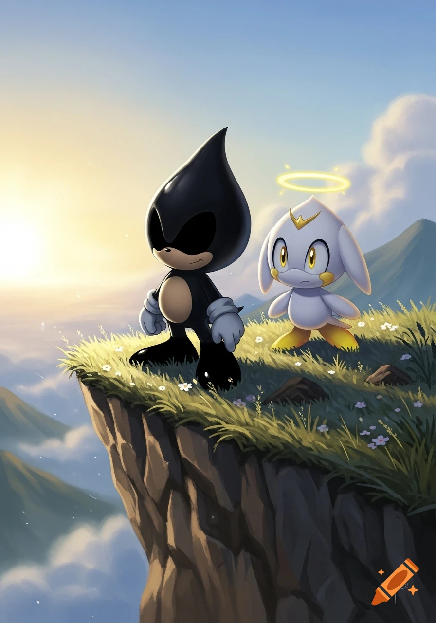 A black chao and a white chao with a halo stand on a grassy cliff edge, overlooking mountains during a sunrise.