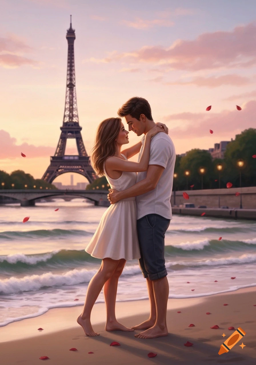 Romantic couple embracing on a sandy beach at sunset, with the Eiffel Tower and Seine River in the background, digital painting.
