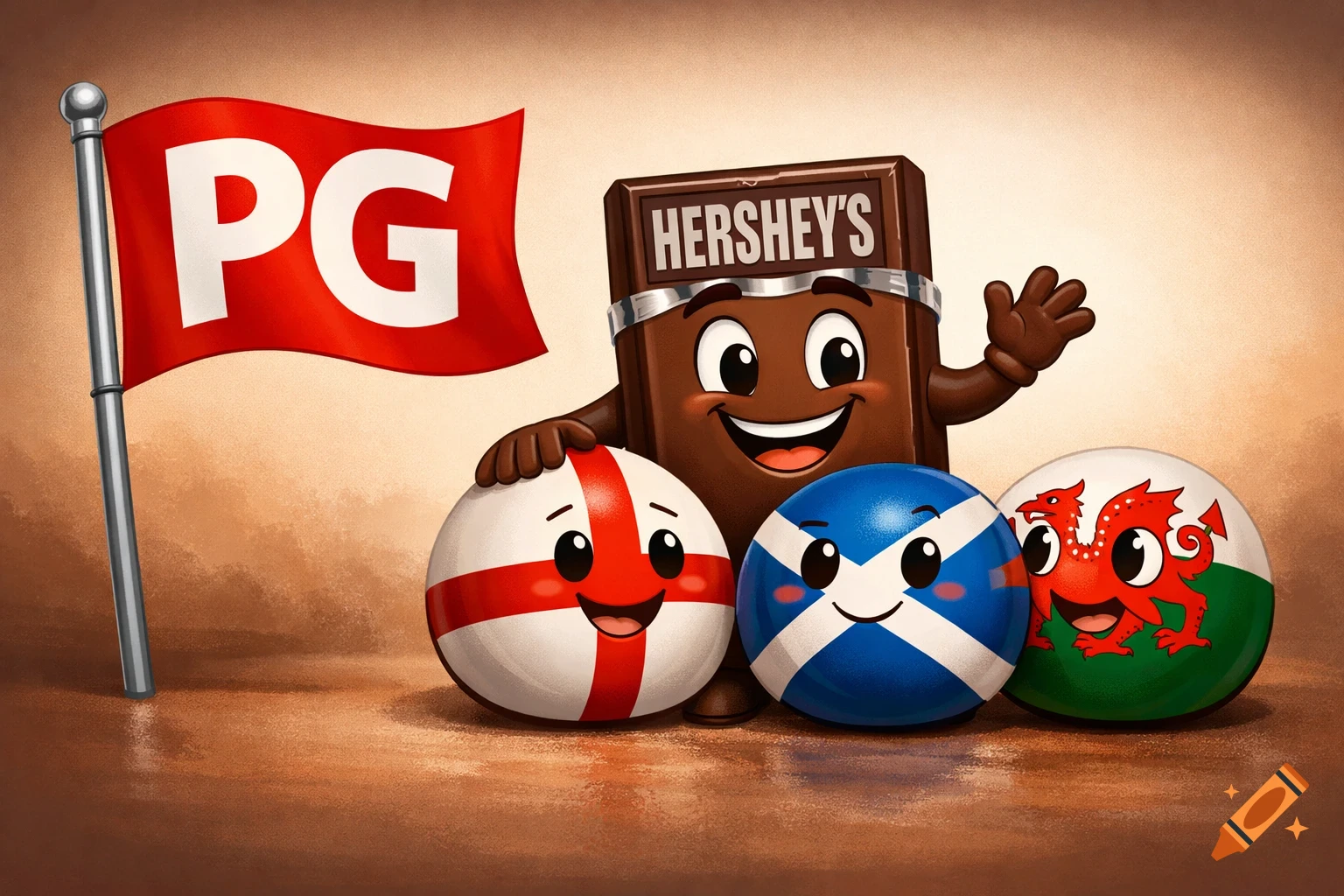 Cartoon Hershey's mascot with England, Scotland, and Wales countryballs, next to a red flag with 'PG' text.
