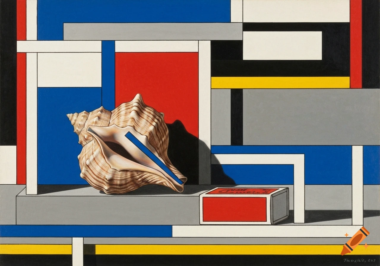 A detailed seashell and a red matchbox are arranged on a gray plane against a geometric background of blue, red, yellow, black, and white blocks, in a modern art style.