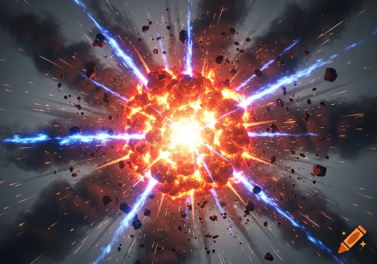 A vibrant orange and red explosion, with dark smoke, flying debris, and bright blue energy beams radiating outwards.