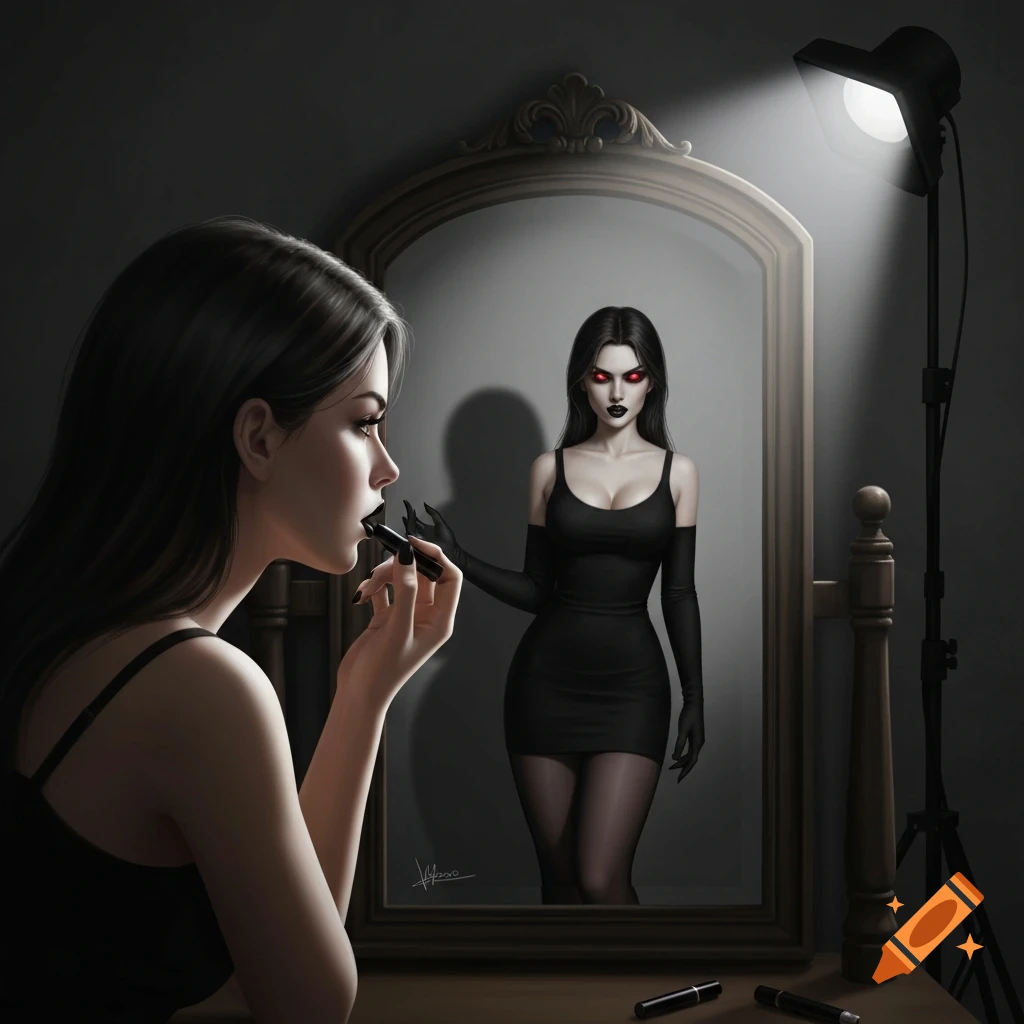 Young woman applying black lipstick in a mirror, her reflection shows a dark seductress with red eyes and a black dress.