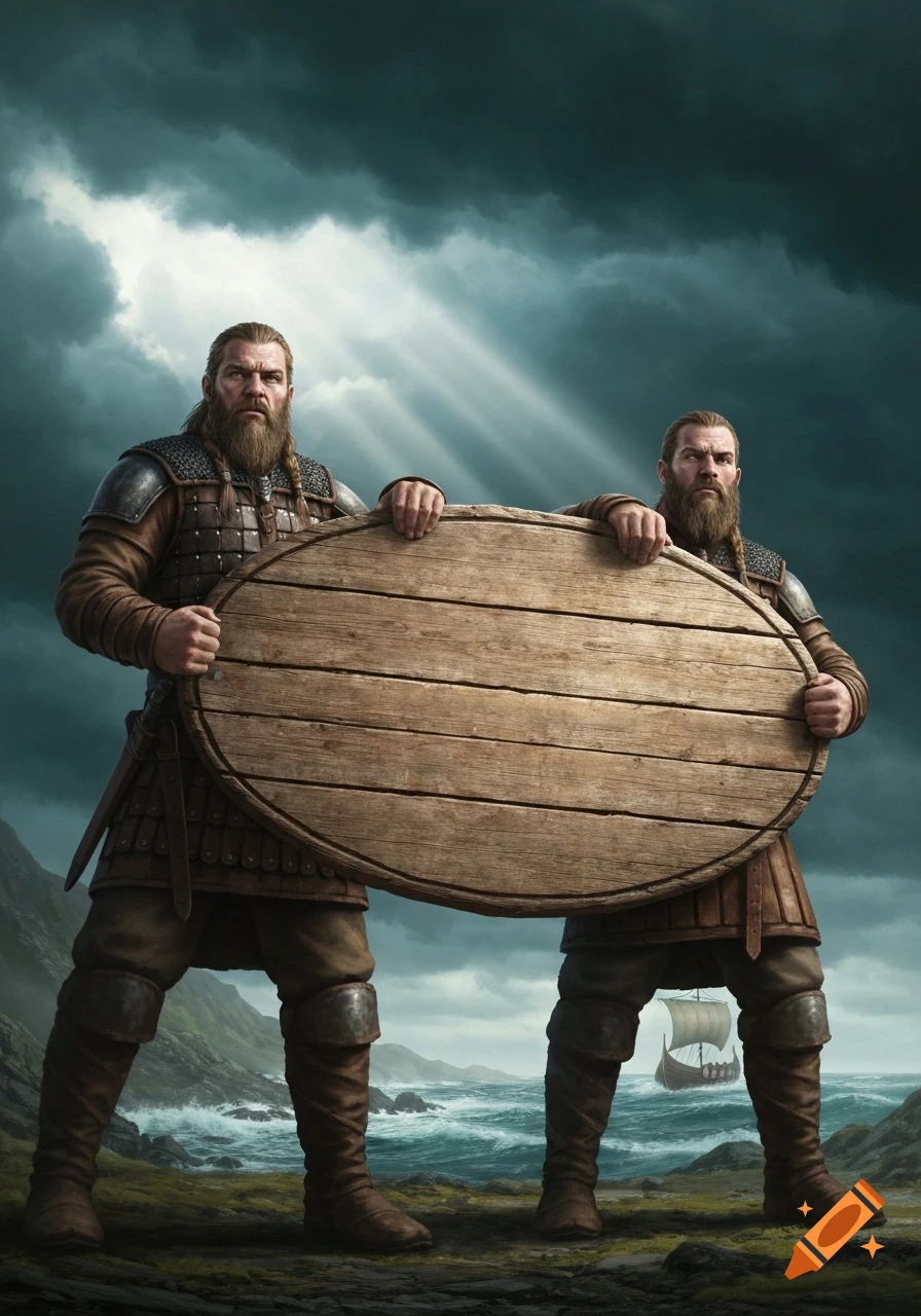 Two bearded Vikings in armor hold a large oval wooden sign on a rocky coast under a dramatic stormy sky, with a longship in the background.