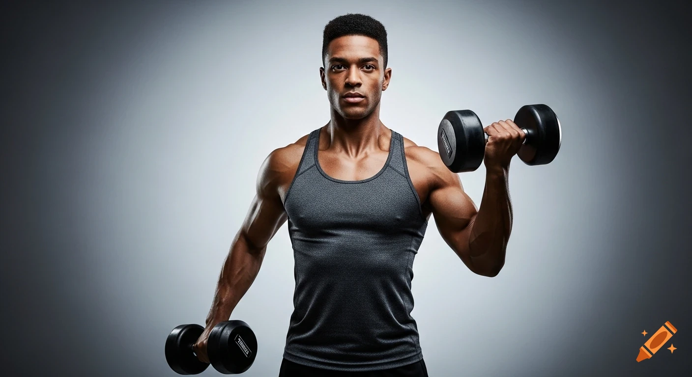 An athletic man in a gray tank top holds two dumbbells, flexing his arm muscles in a studio setting with a gradient background.
