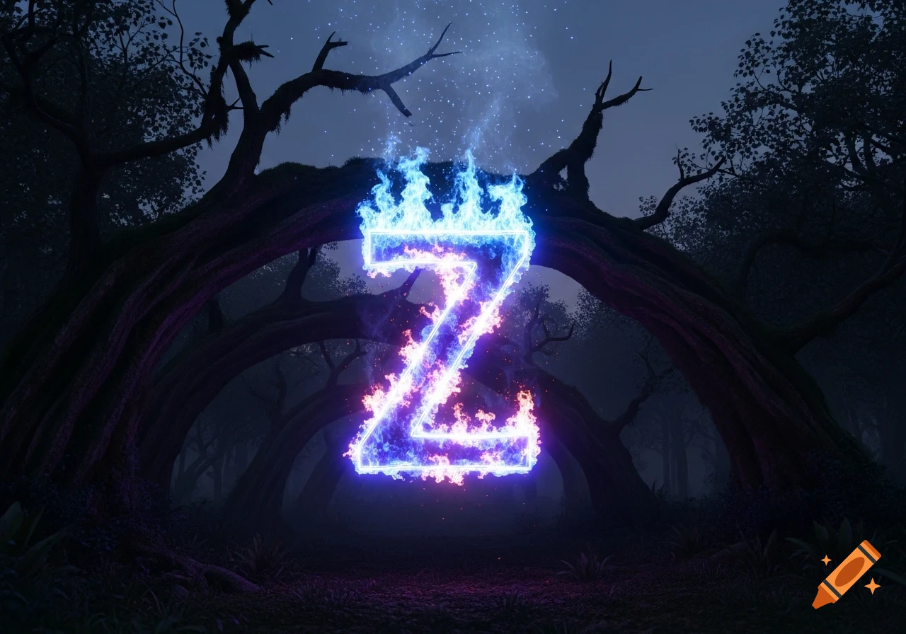 A vibrant blue and purple flaming letter Z glows in a dark, atmospheric forest with gnarled trees.