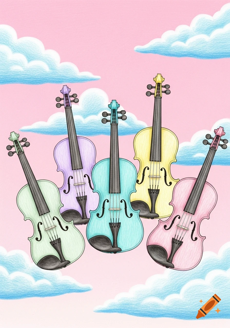 Five pastel-colored violins, hand-drawn with colored pencils, against a pink sky with light blue clouds.