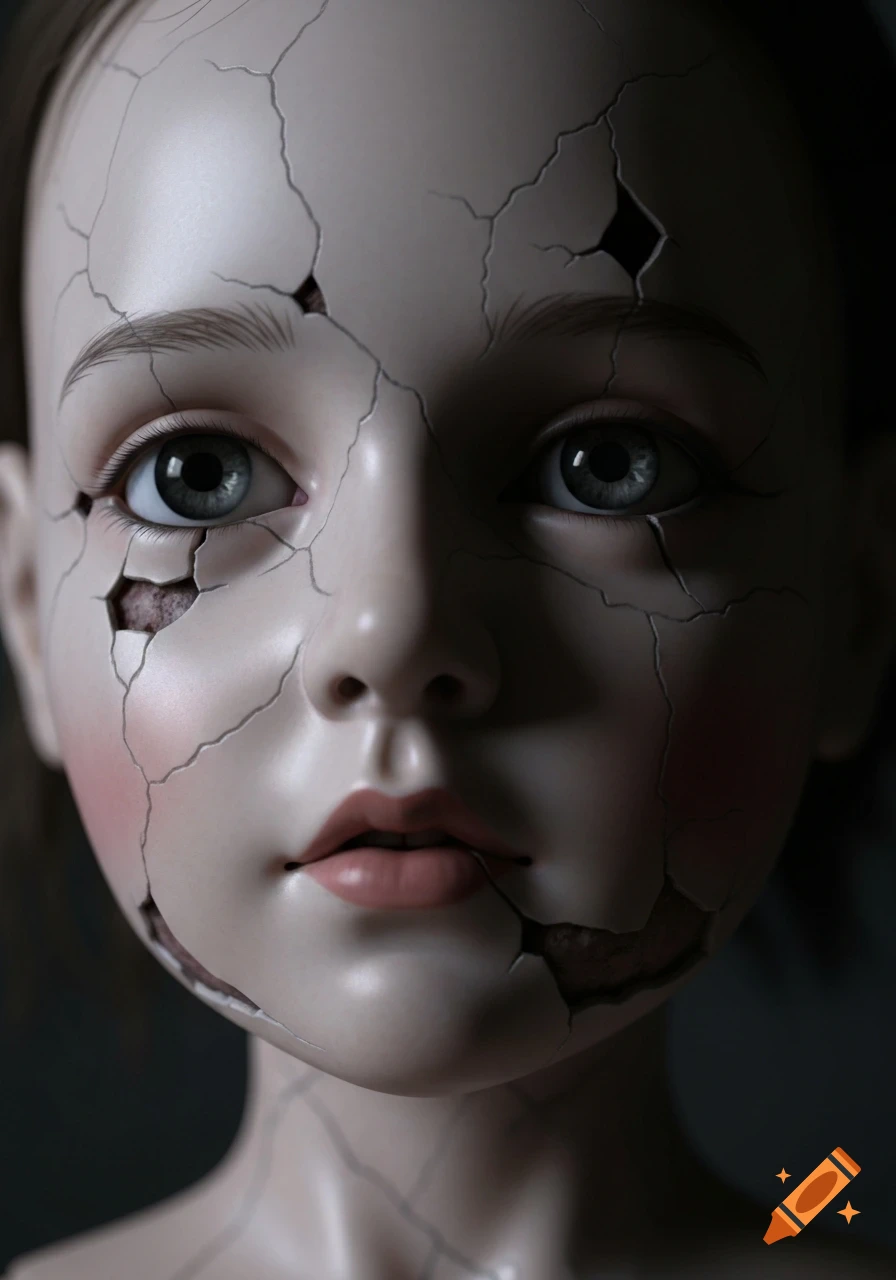 Close-up of a cracked, unsettling porcelain doll's face with large gray eyes against a dark background.