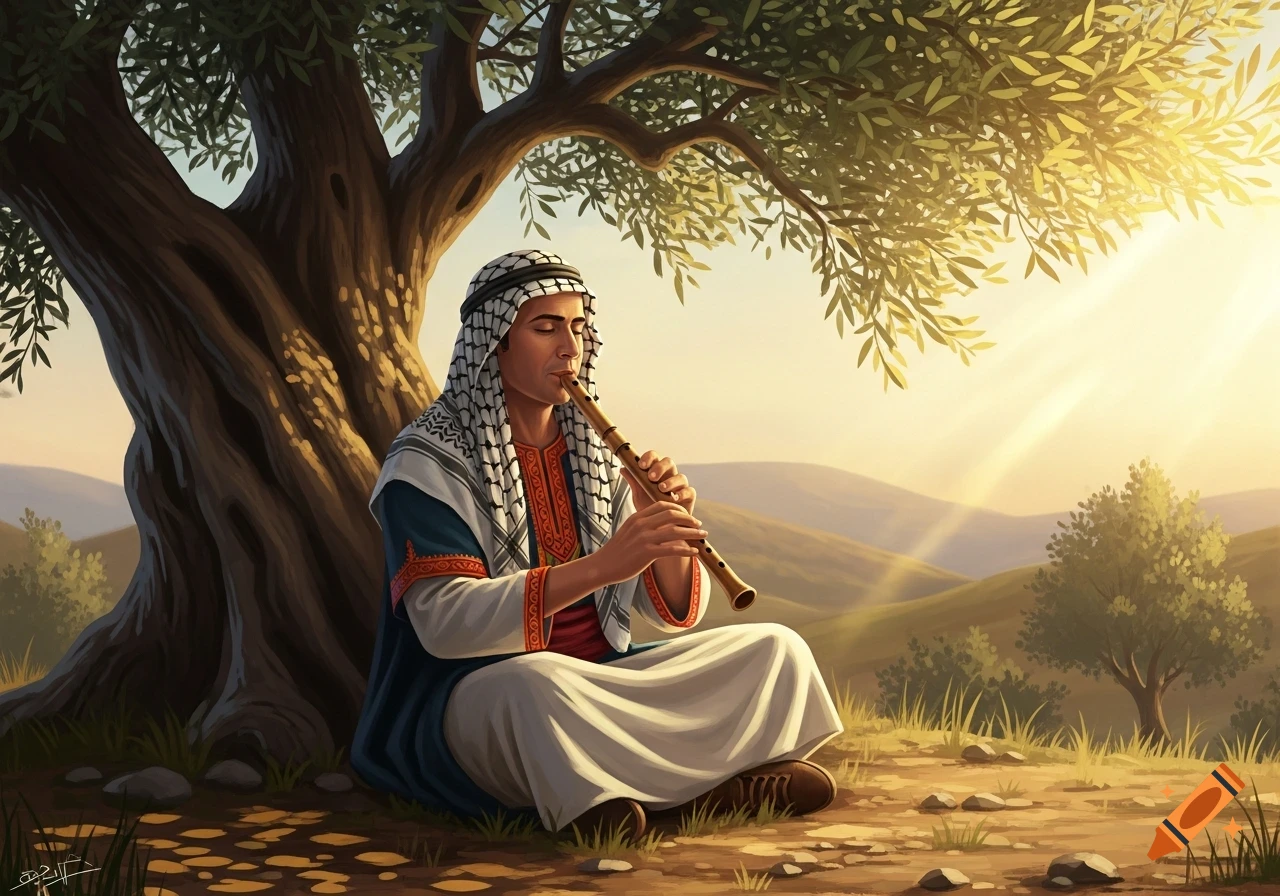 A Palestinian man wearing a keffiyeh sits under an olive tree, playing a flute in a sunlit landscape. Digital art.