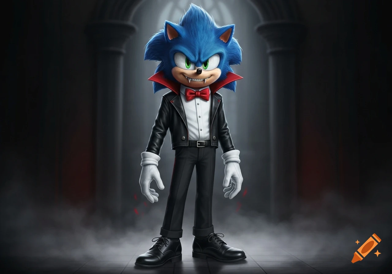 Movie-style Sonic the Hedgehog as a vampire with fangs, black jacket, red bow tie, and white gloves in a dark, smoky gothic setting.