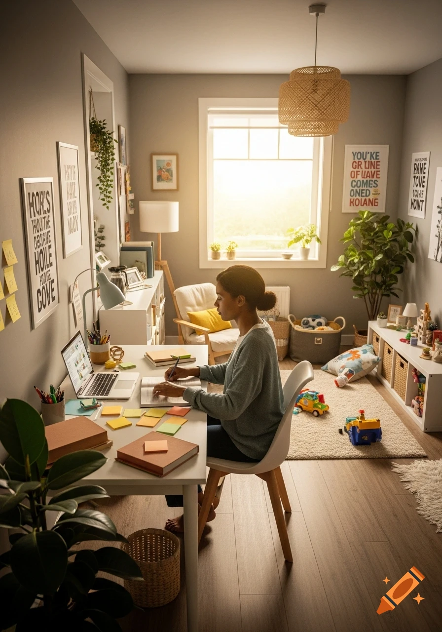 A woman with dark hair sits at a desk with a laptop and books, writing in a notebook in a sunlit home office with toys on the floor.