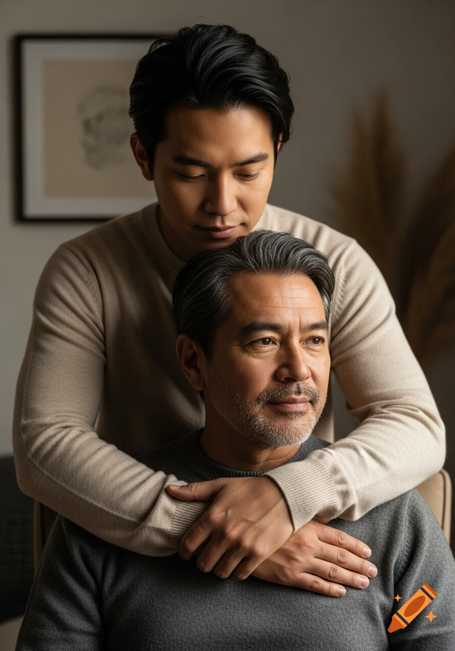 A warm, emotional portrait of two men embracing, conveying a deep family connection. Photorealistic.