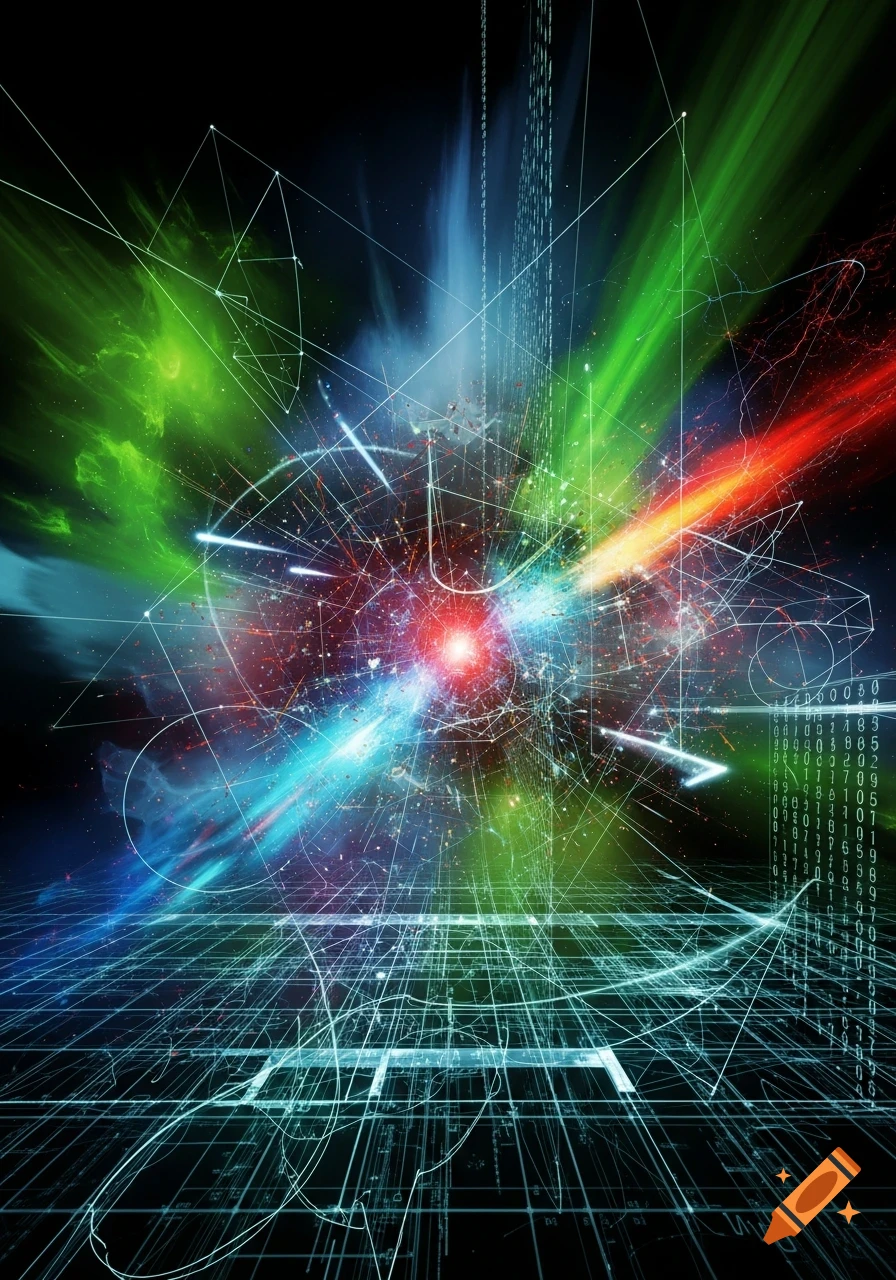 Vibrant abstract digital art with a red central light, surrounded by green, blue, and red light streaks, geometric lines, and data streams.