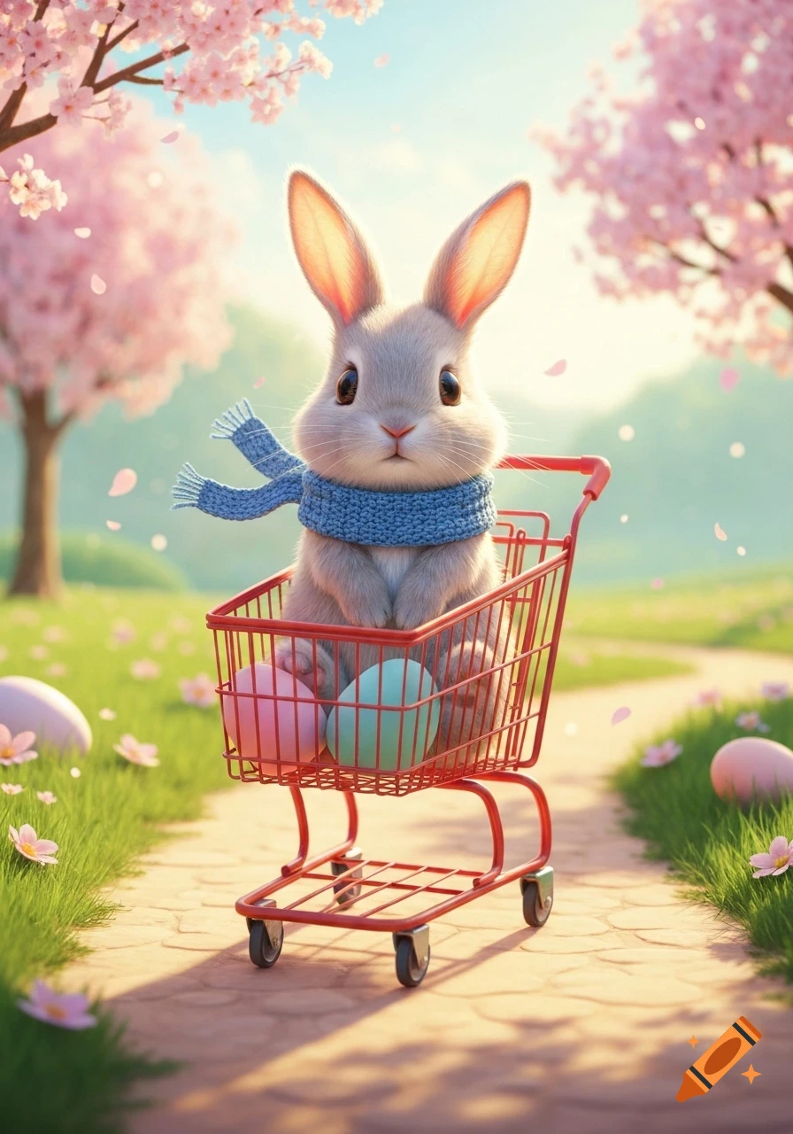 A cute bunny wearing a blue scarf rides a red shopping cart with Easter eggs on a path under pink cherry blossom trees.