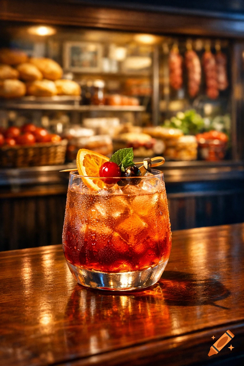 A photorealistic cocktail with ice, an orange slice, and cherries sits on a glossy wooden bar, with a blurry deli background.