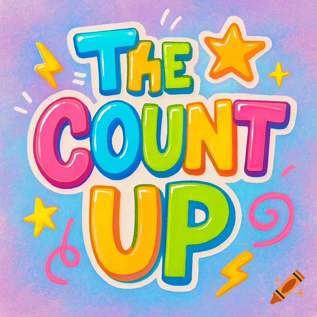 Colorful sticker-style graphic with the words 'THE COUNT UP', surrounded by small stars and lightning bolts.