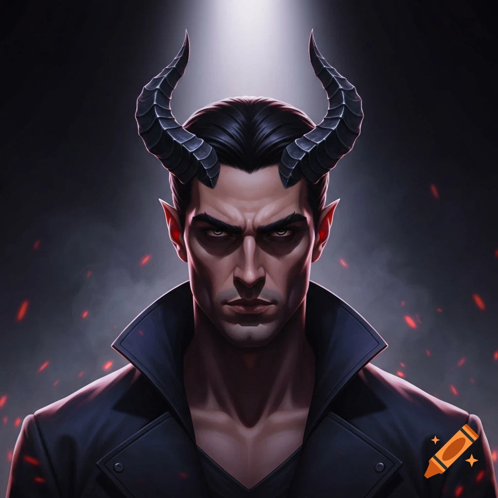 Close-up portrait of a stern-faced man with black devil horns, pointed ears, and a black leather coat against a dark, smoky background with red glowing embers.