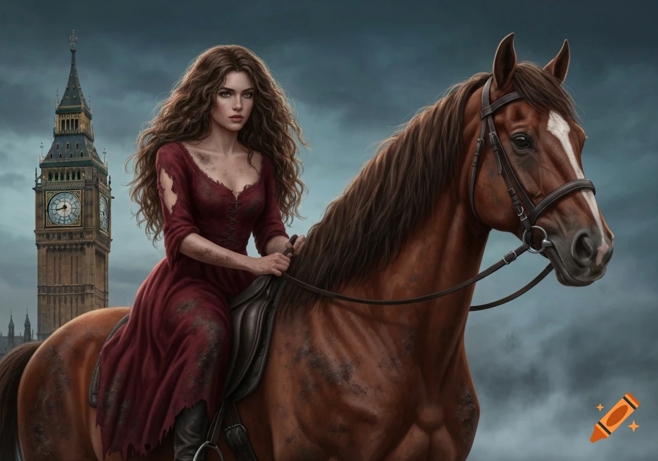 A woman with long wavy brown hair, wearing a torn dark red dress, rides a brown horse in front of Big Ben under a stormy sky.