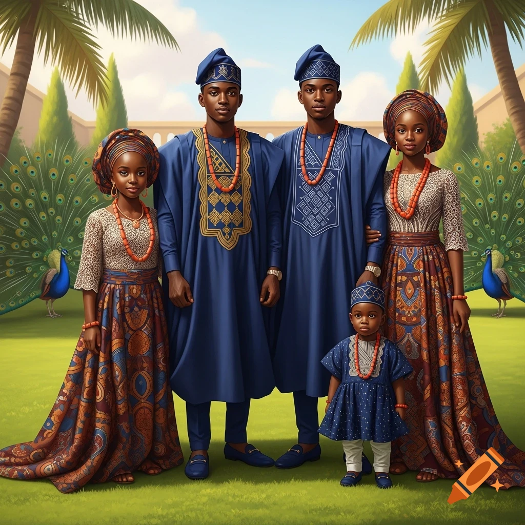 An African family of five, including two men, two women, and a child, stand outdoors in traditional blue and patterned clothing, with peacocks behind them.