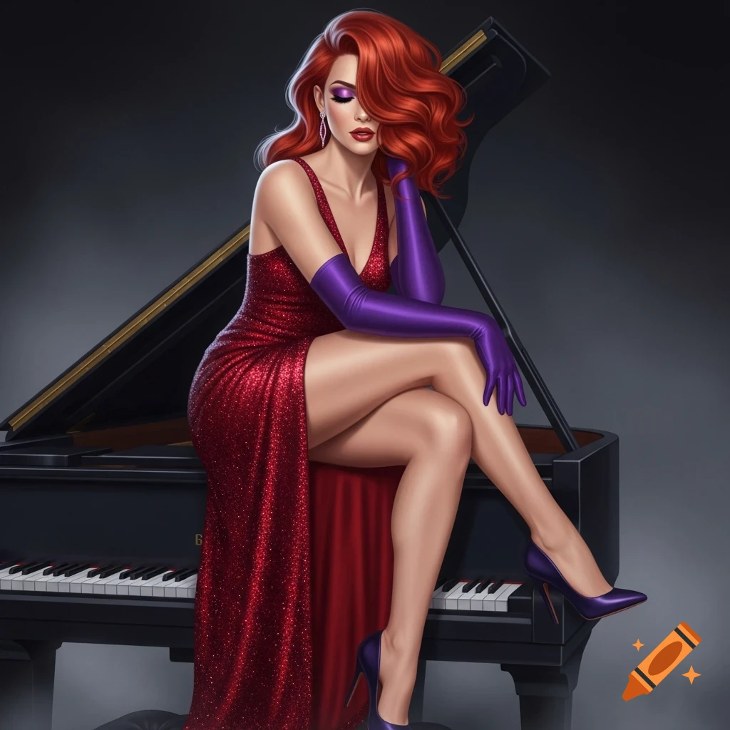 A glamorous woman with long red hair and purple eyeshadow in a sparkly red, high-slit dress and purple gloves sits seductively on a grand piano.