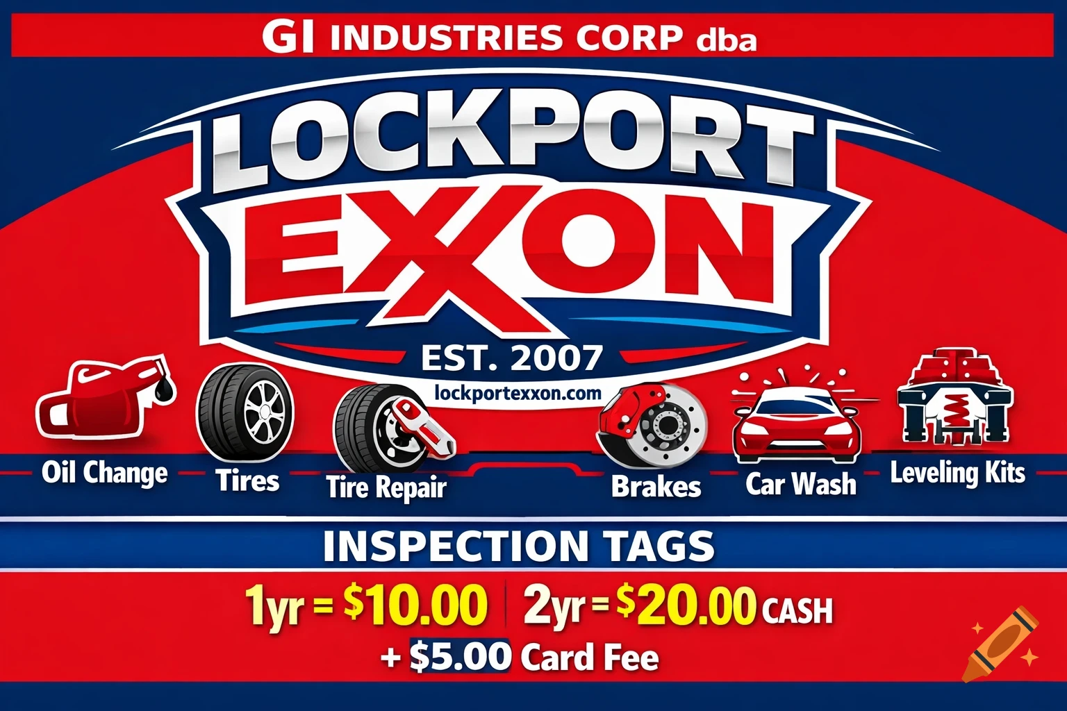 A red and blue promotional sign for Lockport Exxon auto services and inspection tag prices.