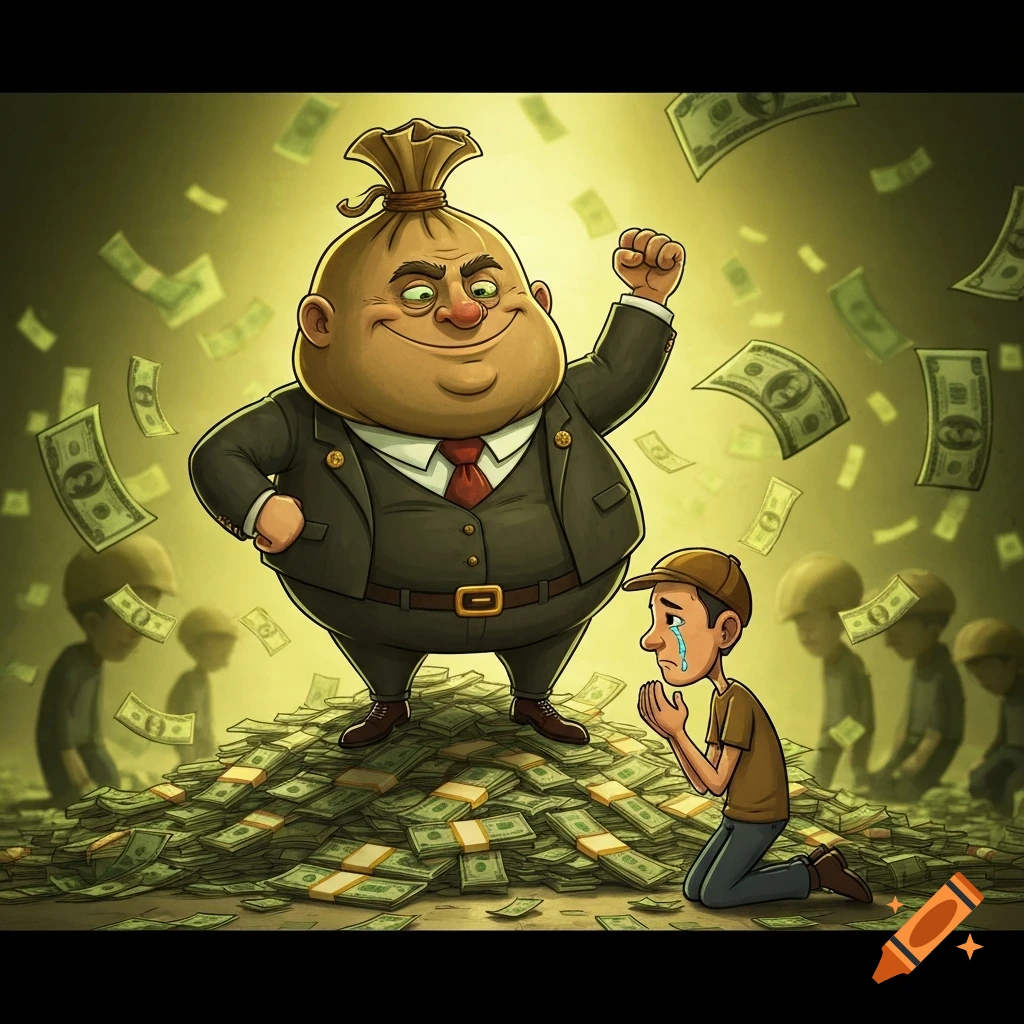 A fat, rich cartoon man with a money bag for a head stands on a huge pile of money, flexing his arm. A crying, poor worker kneels before him, begging for money, as more money falls around them.