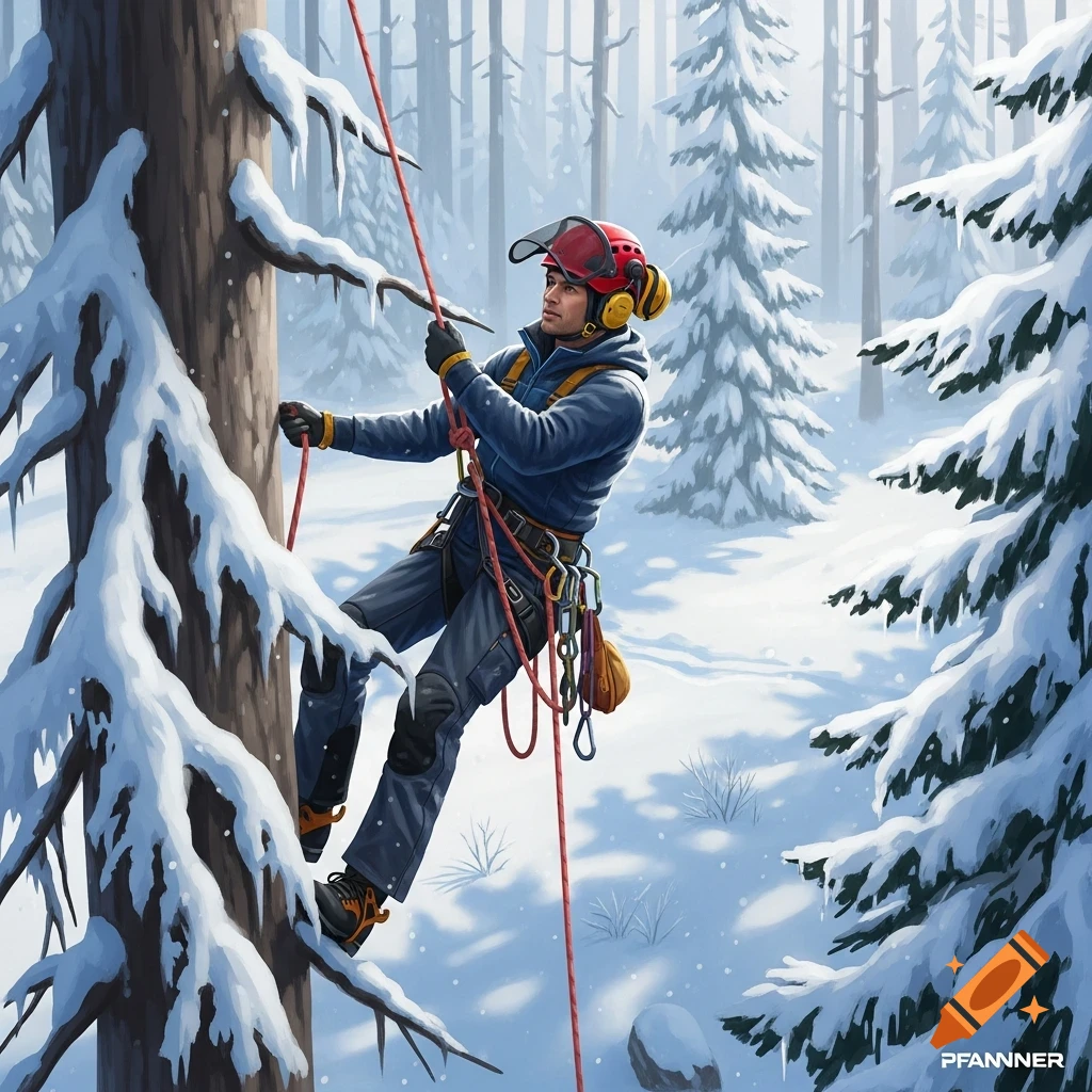 An arborist in a red helmet and blue jacket climbs a snow-covered tree with ropes in a winter forest scene.