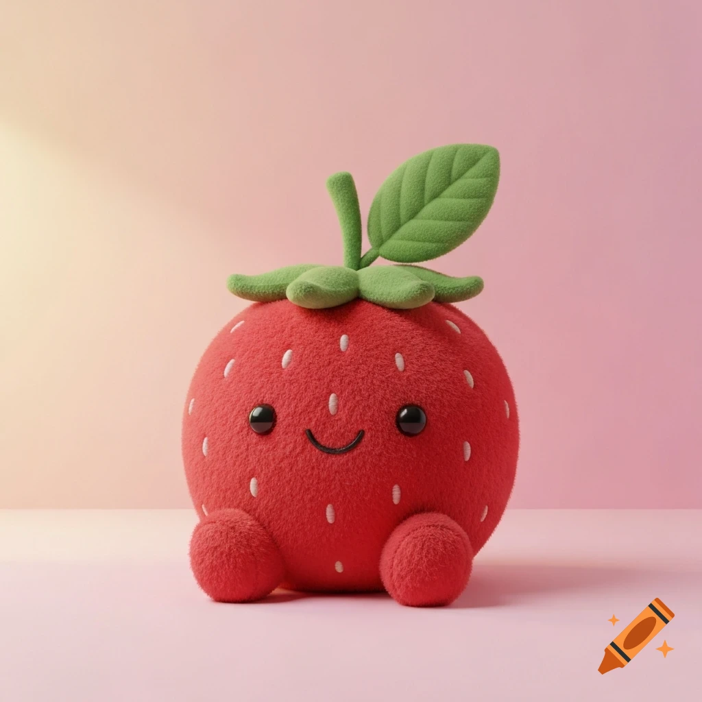 A fluffy, round, red strawberry character with black eyes, a smile, and green leaves in a 3D rendered style.