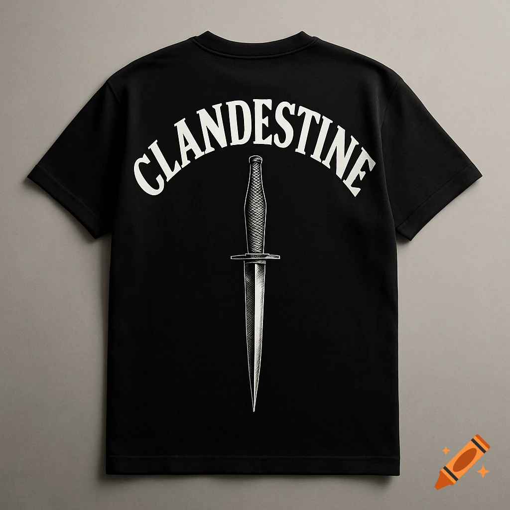 A black t-shirt featuring the word "CLANDESTINE" in an arc, with a Sykes-Fairbairn knife pointing downwards beneath it.
