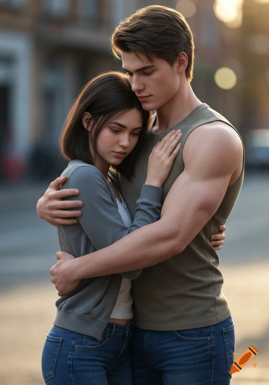 Photorealistic image of a young couple hugging intimately on a street.