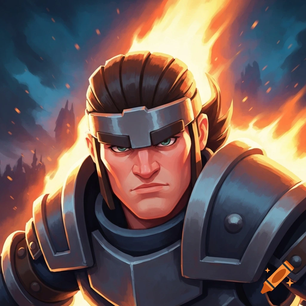 A stylized male warrior in dark armor with a stern expression and green eyes against a fiery, smoke-filled background.