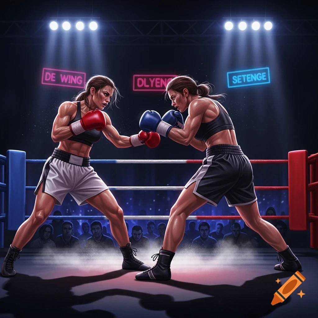 Two female boxers in a ring, one with red gloves and one with blue gloves, facing each other under bright stadium lights.