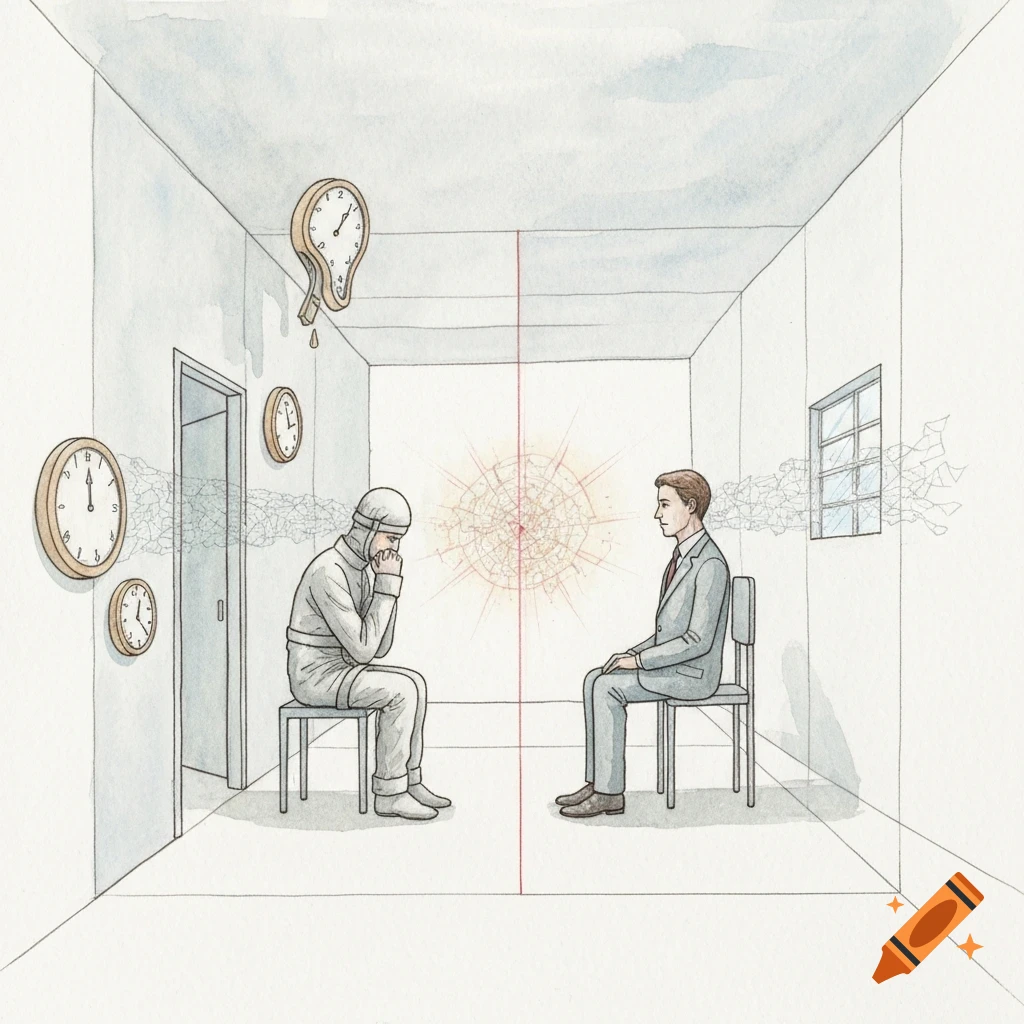 Watercolor of a patient in a straitjacket and a calm psychiatrist in a room split by their perceptions.