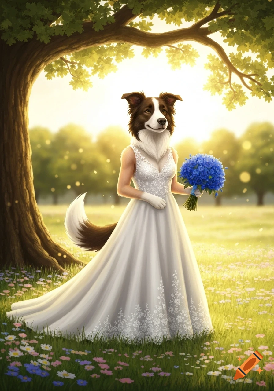 An anthropomorphic border collie in a white wedding dress holds a blue flower bouquet under a tree in a sunny, flower-filled field.