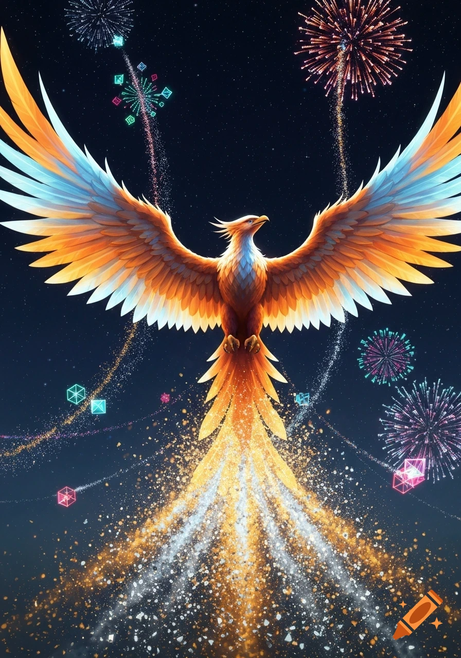 A vibrant phoenix with orange and blue wings rises from golden sparks under a starry night sky with colorful fireworks.