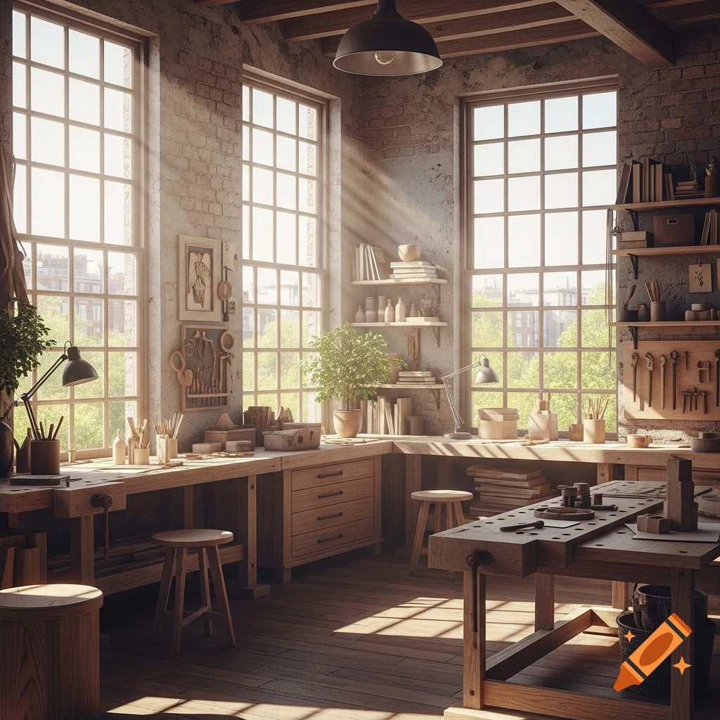 A sunlit, rustic woodworking workshop with large windows, exposed brick, wooden workbenches, tools, and shelves with books and plants.