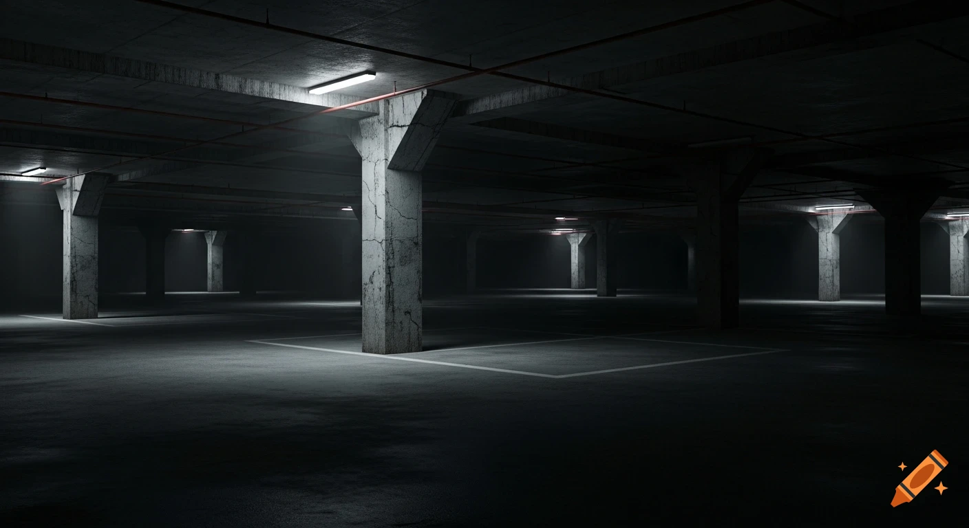 A very dark, empty, spooky underground parking garage with concrete pillars and faint ambient light.