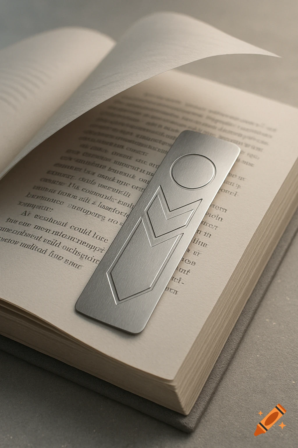 A close-up, high-angle shot of a brushed silver metal bookmark with geometric designs resting on the open pages of a book.