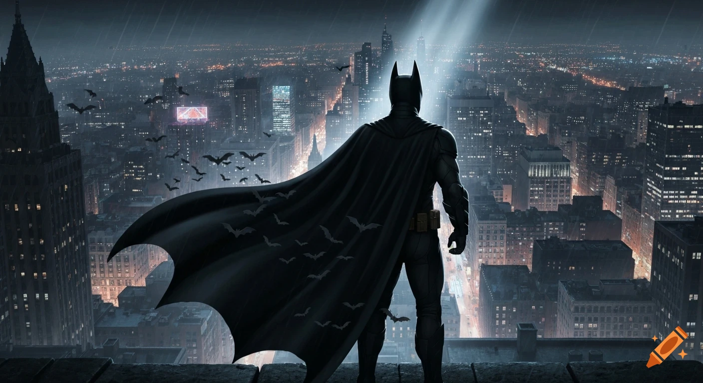 Batman, seen from behind, stands on a gothic rooftop overlooking a rainy, night-time Gotham City skyline with a flowing cape and bats flying.