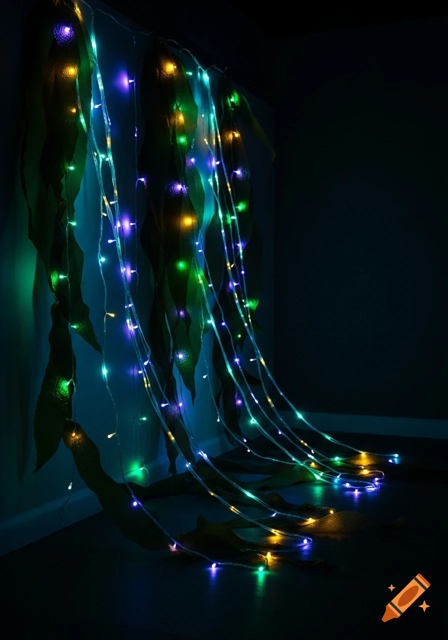 LED light strings draped to resemble an underwater scene with kelp in a dark room.