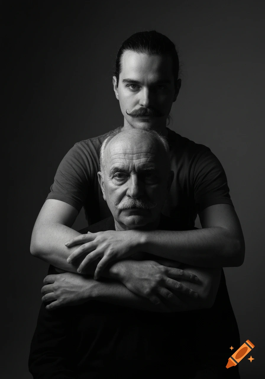 Black and white studio portrait of a younger man with a mustache embracing an older man from behind. High-contrast, Rembrandt lighting.