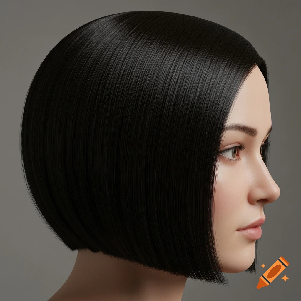 Profile of a woman with a sleek, dark bob haircut in a photorealistic style.