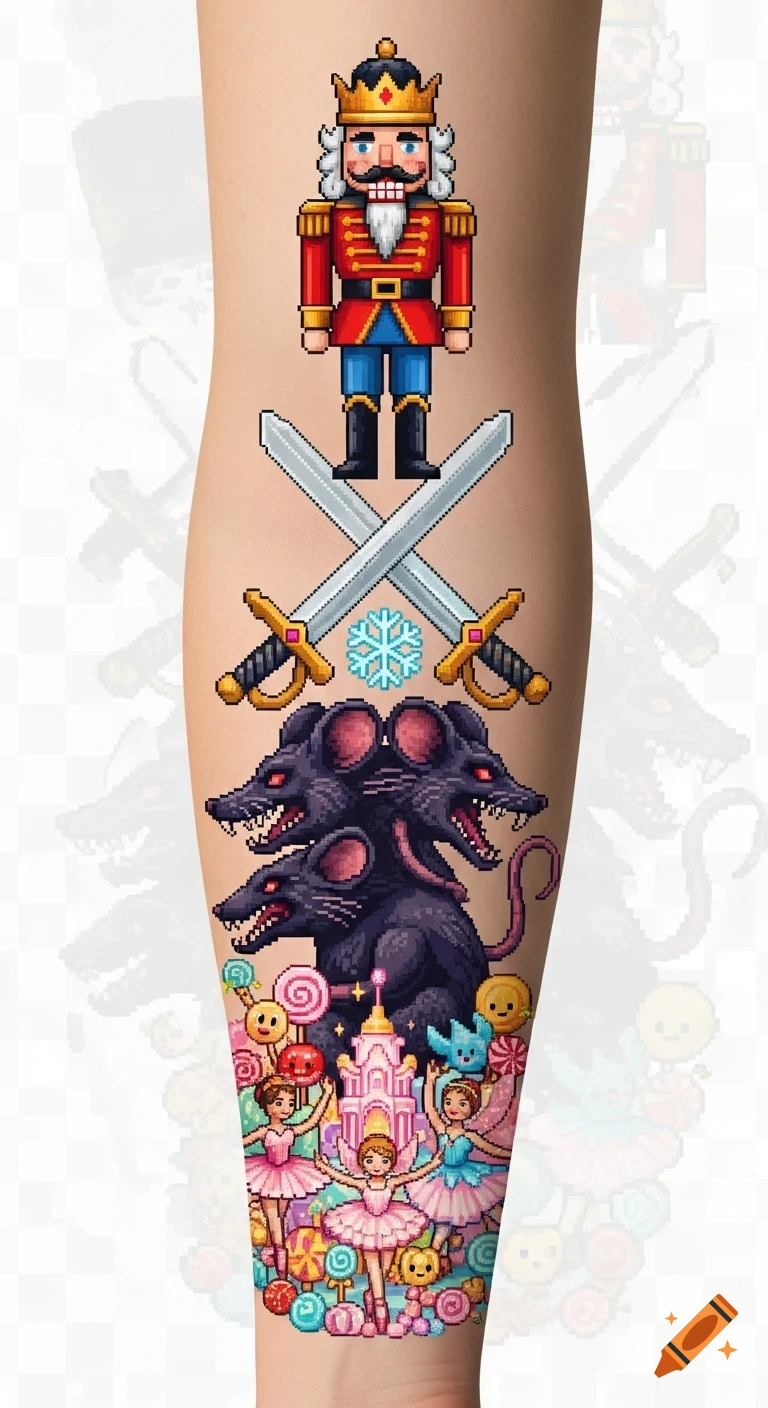 Pixel art tattoo of The Nutcracker, a multi-headed Rat King, crossed swords, ballerinas, and a candy kingdom on a forearm.