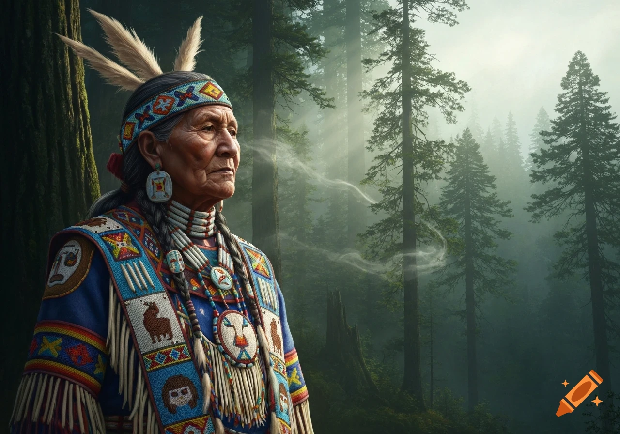 An elderly Indigenous person in elaborate beaded traditional clothing and a feathered headdress looks thoughtfully in a foggy forest.