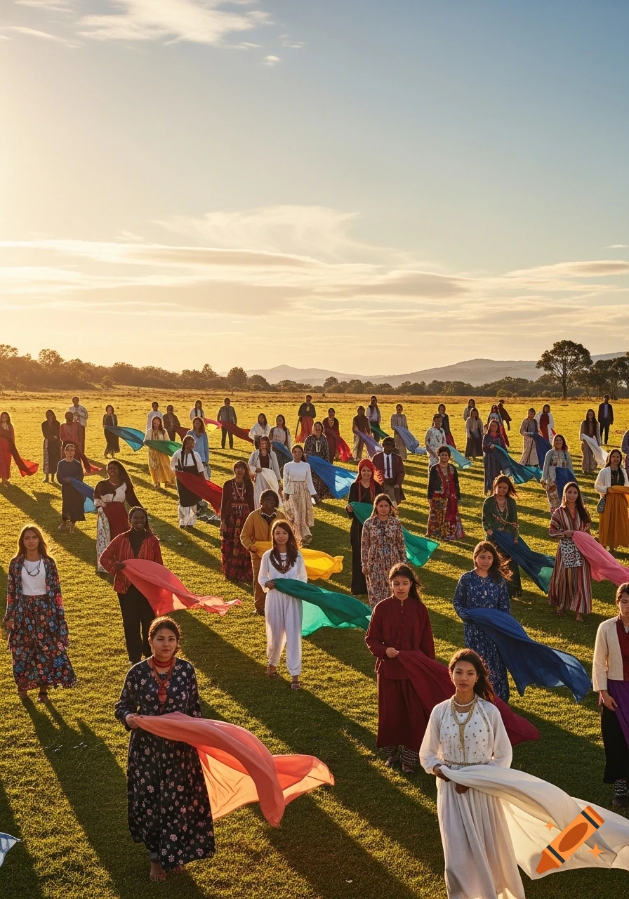 A diverse group of people in colorful traditional clothing holding flowing fabrics in a sunny field.