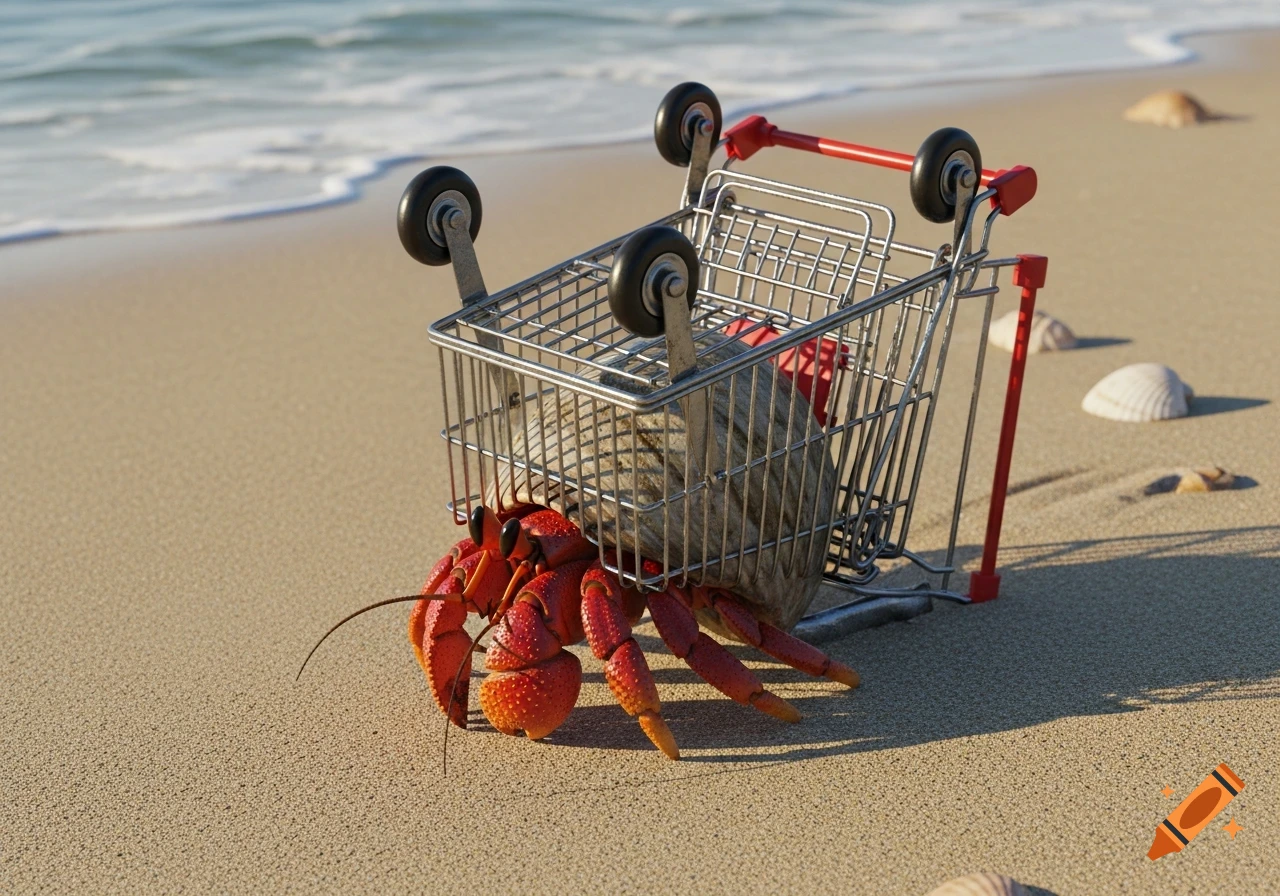 A vibrant red hermit crab with a miniature upside-down shopping cart as its shell on a sandy beach, with ocean waves in the background.