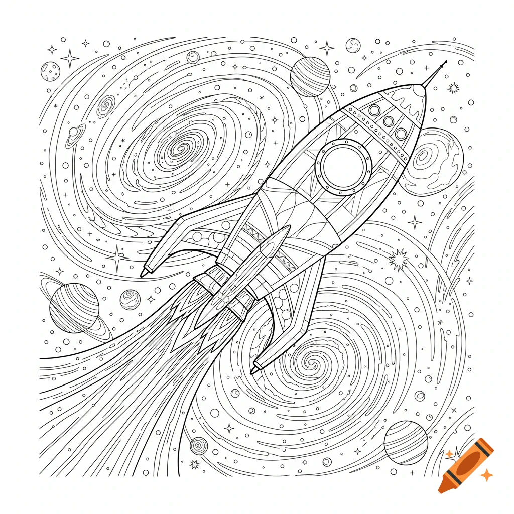 A detailed black and white coloring page featuring a rocket flying through space, surrounded by planets, stars, and galaxies.