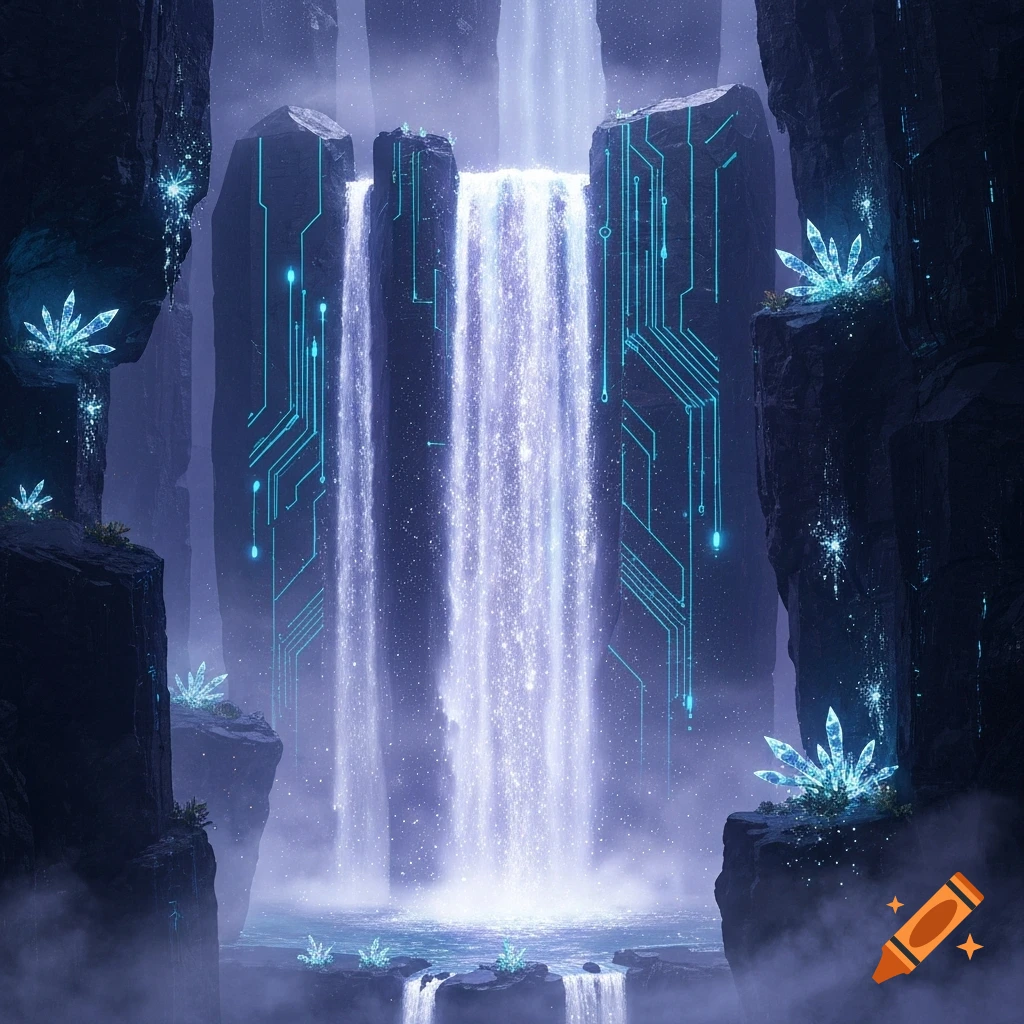 A digital painting of a futuristic waterfall with glowing circuit patterns on dark rock formations and illuminated crystals.